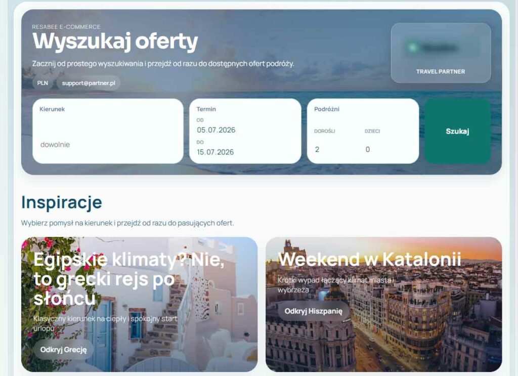 Zrzut ekranu modułu rezerwacyjnego stworzonego dla klienta z branży turystycznej